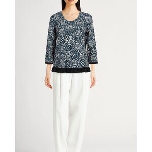 'S Max Mara Women's Geometric Print Fringe Blouse Navy White 3/4 Sleeve Size‎ 8